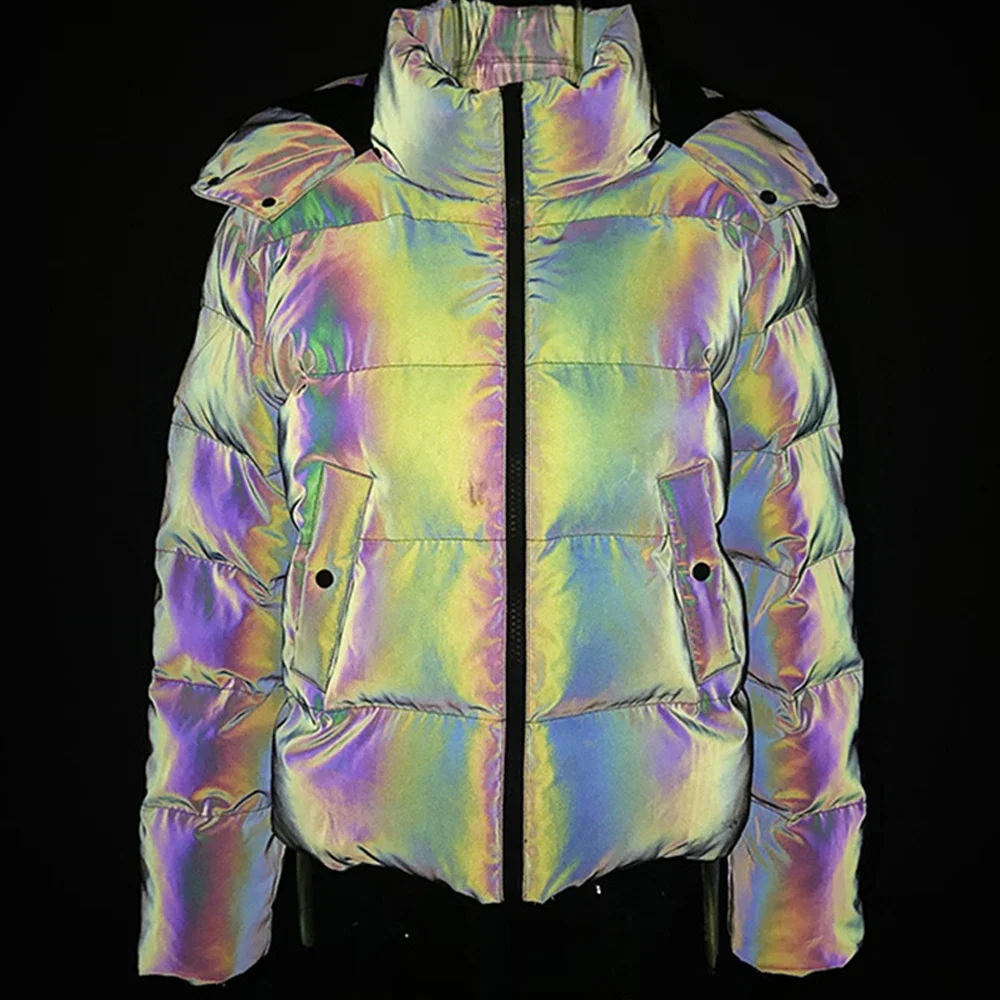 Women Reflective Hooded Parkas Down Bubble Coat Puffle Jackets Cool Bling Luminous Cute Hooded Down Jacket Thick Warm Outcoats