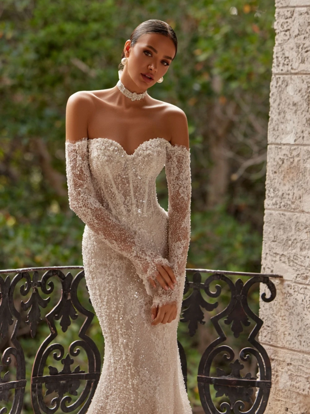 반짝이는 비즈 진주 장식 롱 웨딩드레스 매력적인 레이스 머메이드 신부 드레스 맞춤형 럭셔리 오프숄더 드레스 신부용