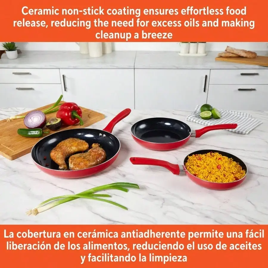 طقم أواني طهي سيراميك غير لاصقة مكون من 3 قطع 7 بوصات/9 بوصة/11 بوصة، مع مقابض تبقى رائعة، ألومنيوم، أحمر