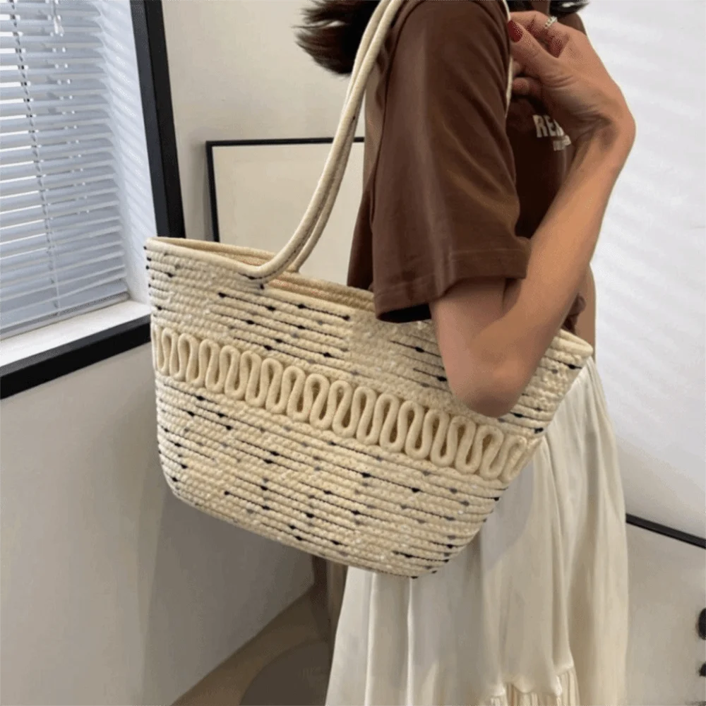 

Storage Basket Bag Nylon Woven Tote Bag Knitted French Style Weave Straw Bag Bohemian Style Hollow Out Women Handbag Travel