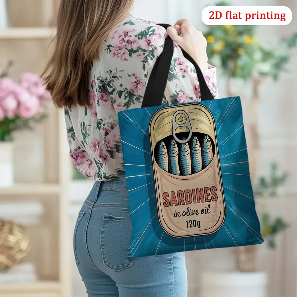 1pc Vintage Sardines in Olive Oil Can Design Tote Bag ,Polyester Shopping Bag with Fixed Shoulder Straps