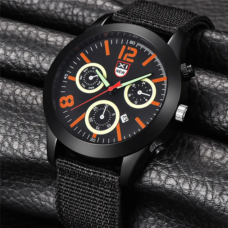 1 pc/lote Homens Genuíno XINEW Marca Relógios Estudantes Meninos Moda Casual Nylon Banda Esportes Data Relógio de Quartzo Preto Montre Homme
