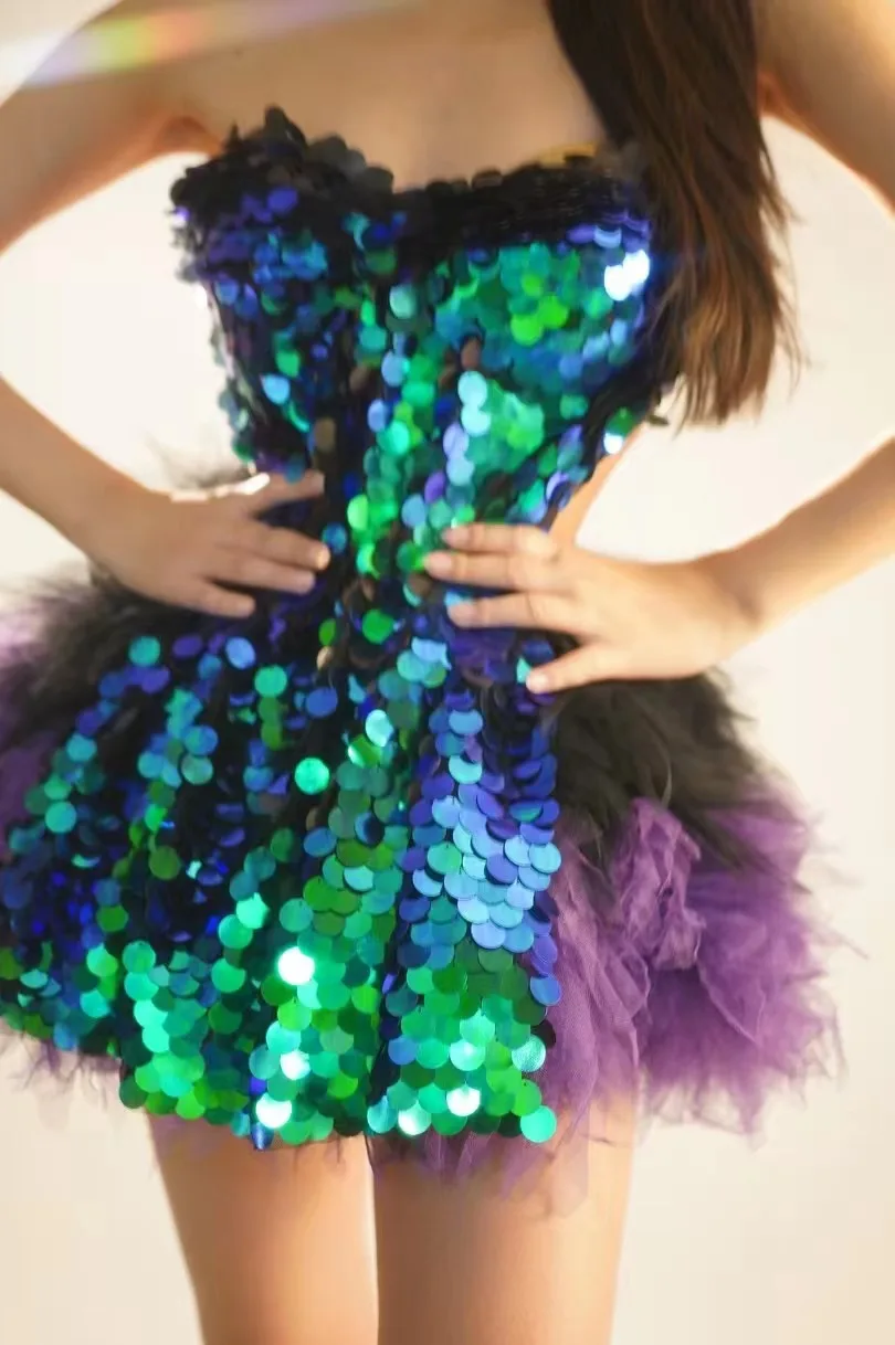 Luxuriöses trägerloses Kleid mit Herzausschnitt, Pailletten, figurbetontem Schnitt, Feder-Tüllrock, für Bühne, Geburtstagsfeier, Cosplay, Clubwear, Bar-Kleid – Detail 5
