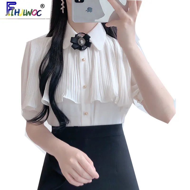 2024 Summer Women's Cute Sweet Vintage Bow Tie Ruffled Tops Hot Sales Button Elegant Formal Shirts Blouses White 4512