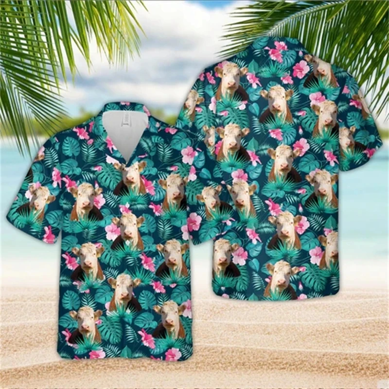 Camisas de playa con estampado 3D de vaca Animal divertido para hombres, blusas de manga corta con solapa de oso, Tops con botones hawaianos, ropa corta