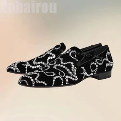 Crystal Flower Pattern Black Suede Loafers Fashion Slip On Men Shoes Luxury Handmade Party Feast Banquet Wedding Men Dress Shoes