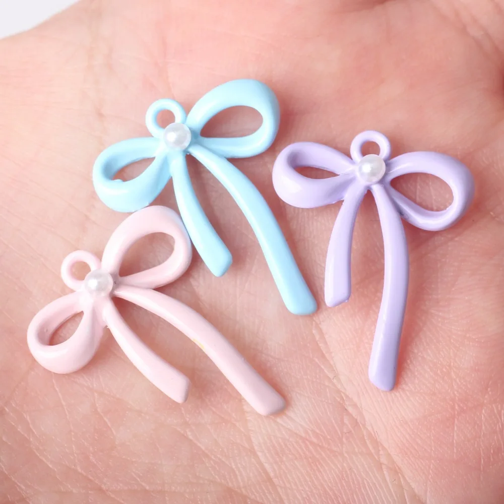 10pcs/lot Zinc Alloy Colorful Enamel Cute Hollow Bow Tie Pearl Charms For DIY Necklaces Earrings Jewelry Making Accessories