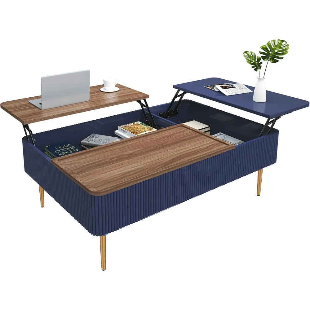 47 Dual Lift Top Coffee Table With Storage, Modern Wood Fluted Coffee Table With Hidden Compartment,Lift Tabletop Dining Cen
