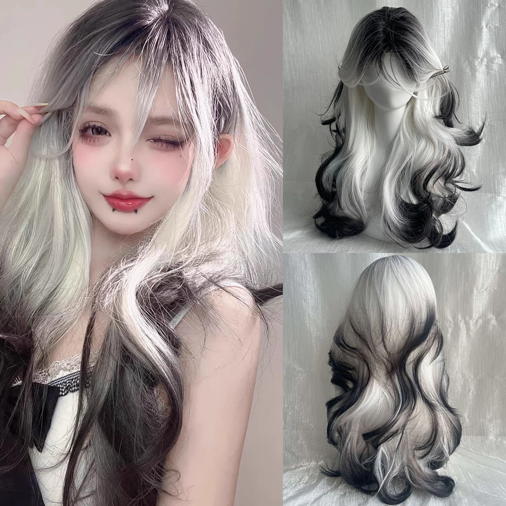 

Black Ombre White Synthetic Long Wavy Wig Middle Part Fluffy Lolita Cosplay Women Wig for Daily Party