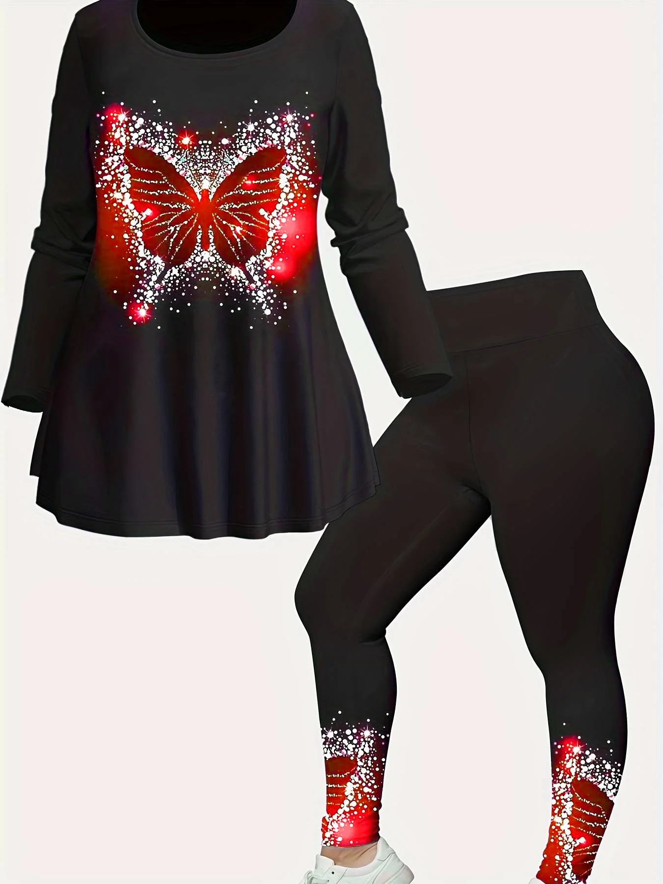 Women Matching Set Long Sleeve Spring Plus Size Christmas Black Butterfly Print Two Piece Top and Pants Casual Elastic Outfits