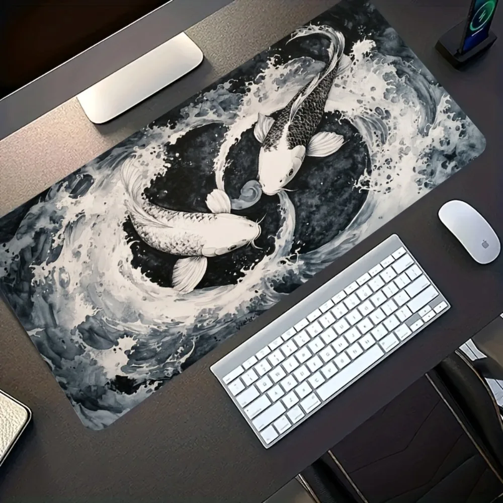 Black and white koi fish with wave patterns, a retro Chinese style design, anti-slip , computer decorative accessories