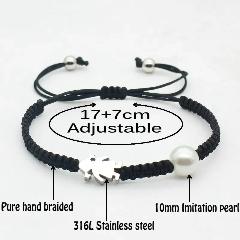 Cute Stainless Steel Little Girl Charm Bracelet Imitation Pearls Braided Adjustable Rope Bracelets for Women Jewelry Gift