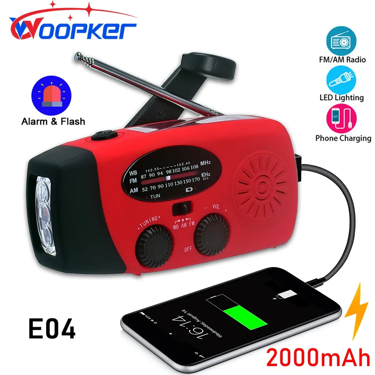 

E04 Upgrade Multifunction Radio Solar LED Lamp Hand Crank FM /AM /NOAA WB Weather Radios Emergency Flashlight 2000mAh Power Bank