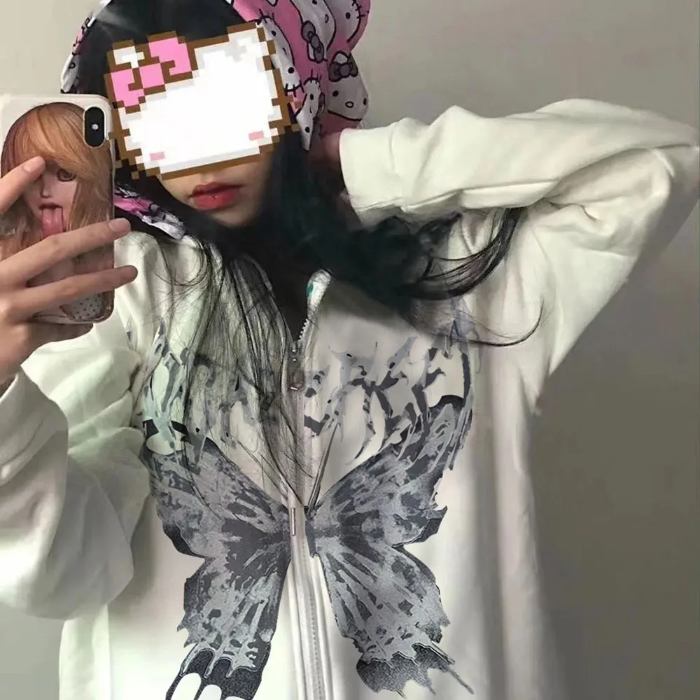 Gothic Butterfly Print Hoodies Zip Up Hip Hop Streetwear