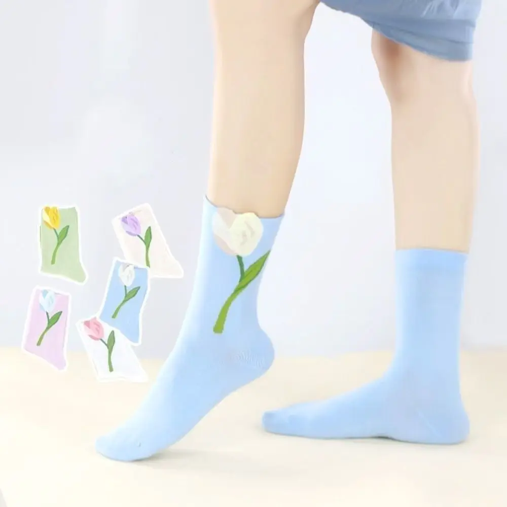 5Pairs لينة رقيقة زهرة التوليب الجوارب الحلو الإناث الجوارب منتصف أنبوب الجوارب تنفس الجوارب للنساء الشارع الشهير