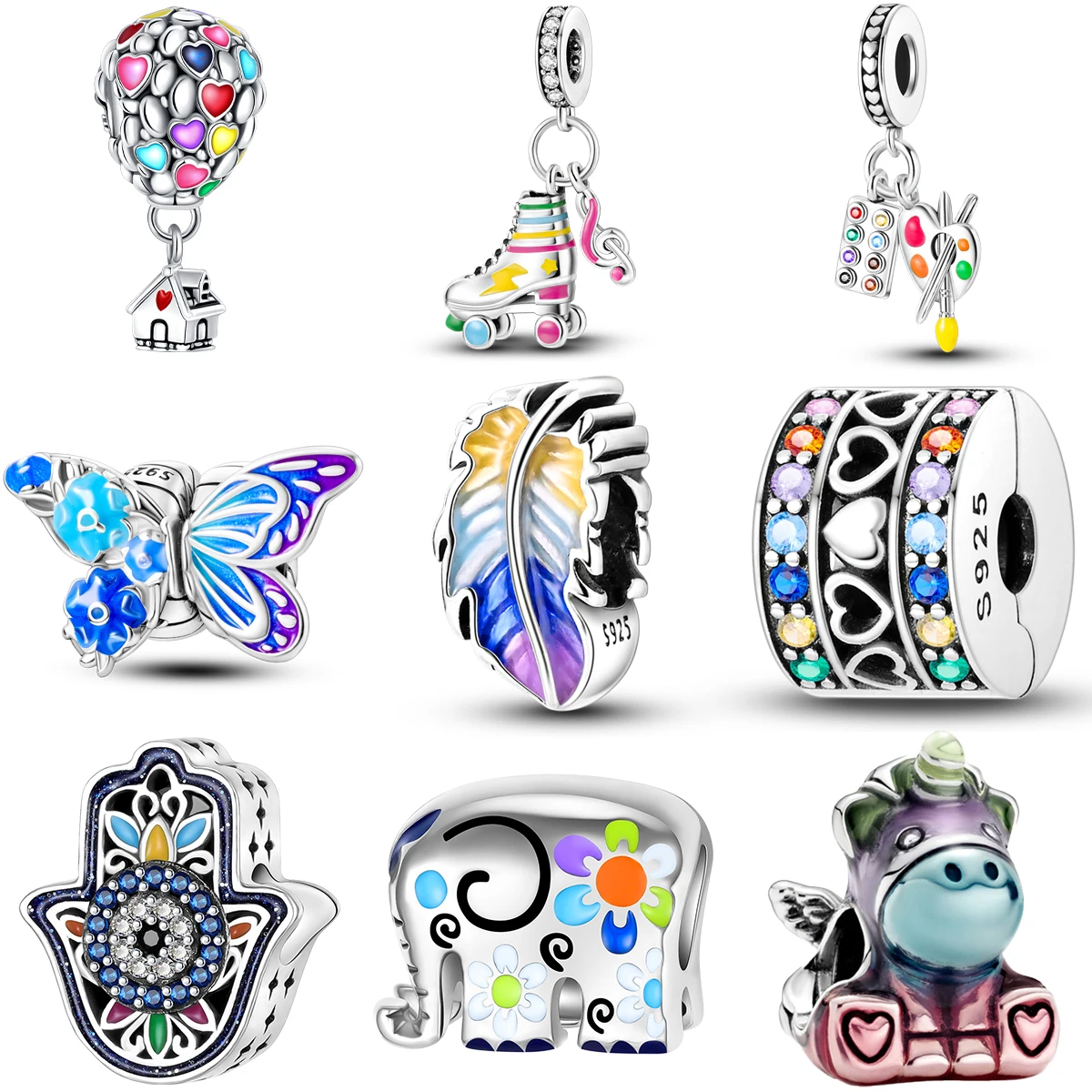 

2023 New Charm Jewelry 925 Sterling Silver Butterfly Hot Air Balloon Elephant Palm Color Series Fit Pandora Bracelet DIY