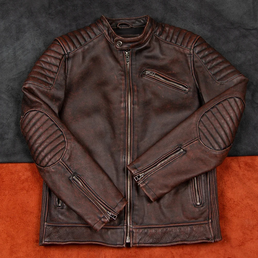 

Top Layer Cowhide Genuine Leather Retro Motorcycle Jacket Men's Slim Stand Collar Red Brown Short