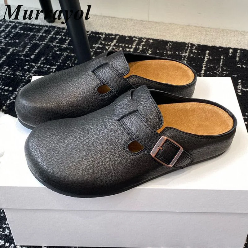 

Genuine Leather Closed Toe Solid Color Slippers Women's Belt Buckle Design Thick Bottom Mules Spring Outdoor Vacation Shoes