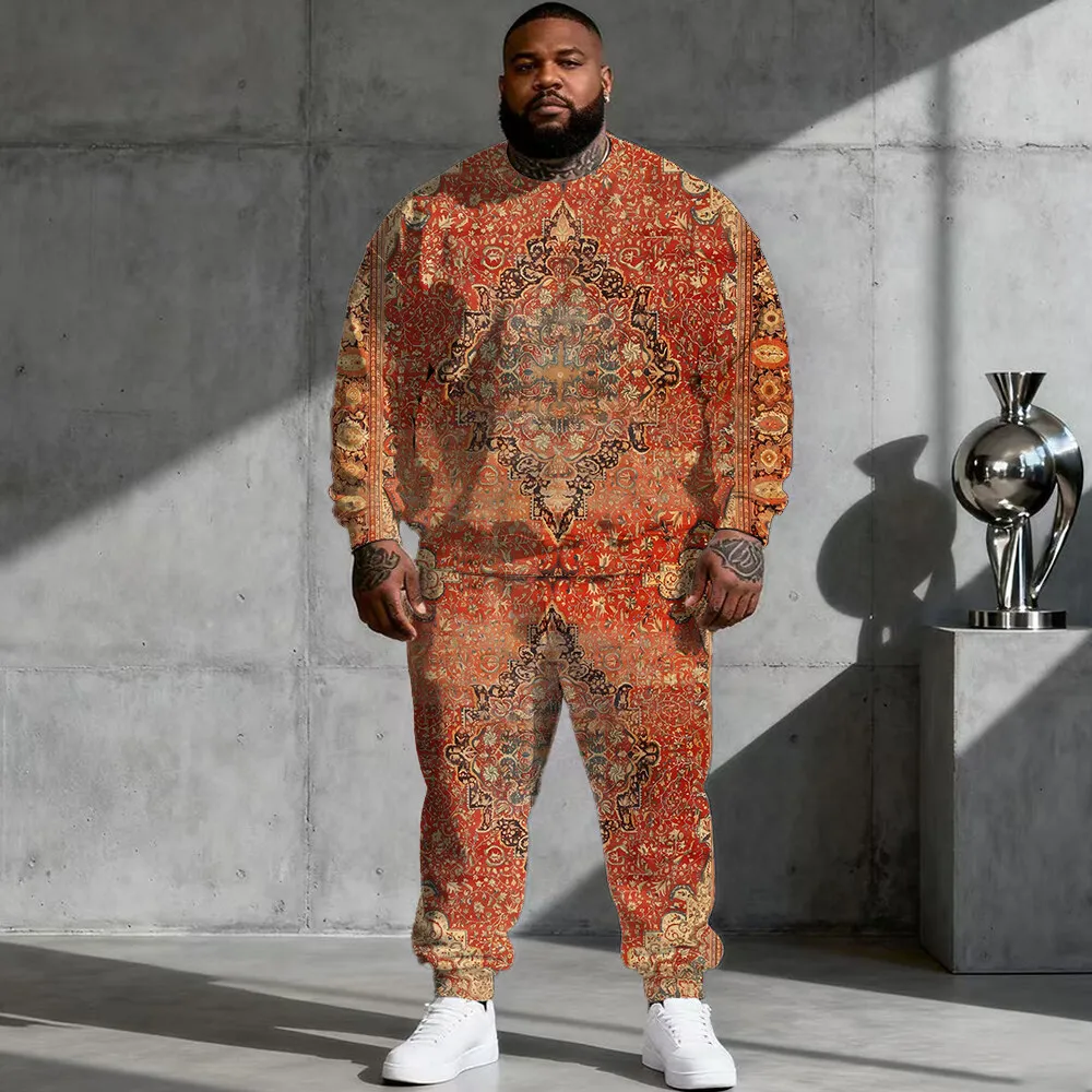 

S-9xl Комплект толстовок больших размеров с капюшоном большого и высокого размера с этнической атмосферой — модный из двух предметов, из дышащего материала, ретро-племенный дизайн