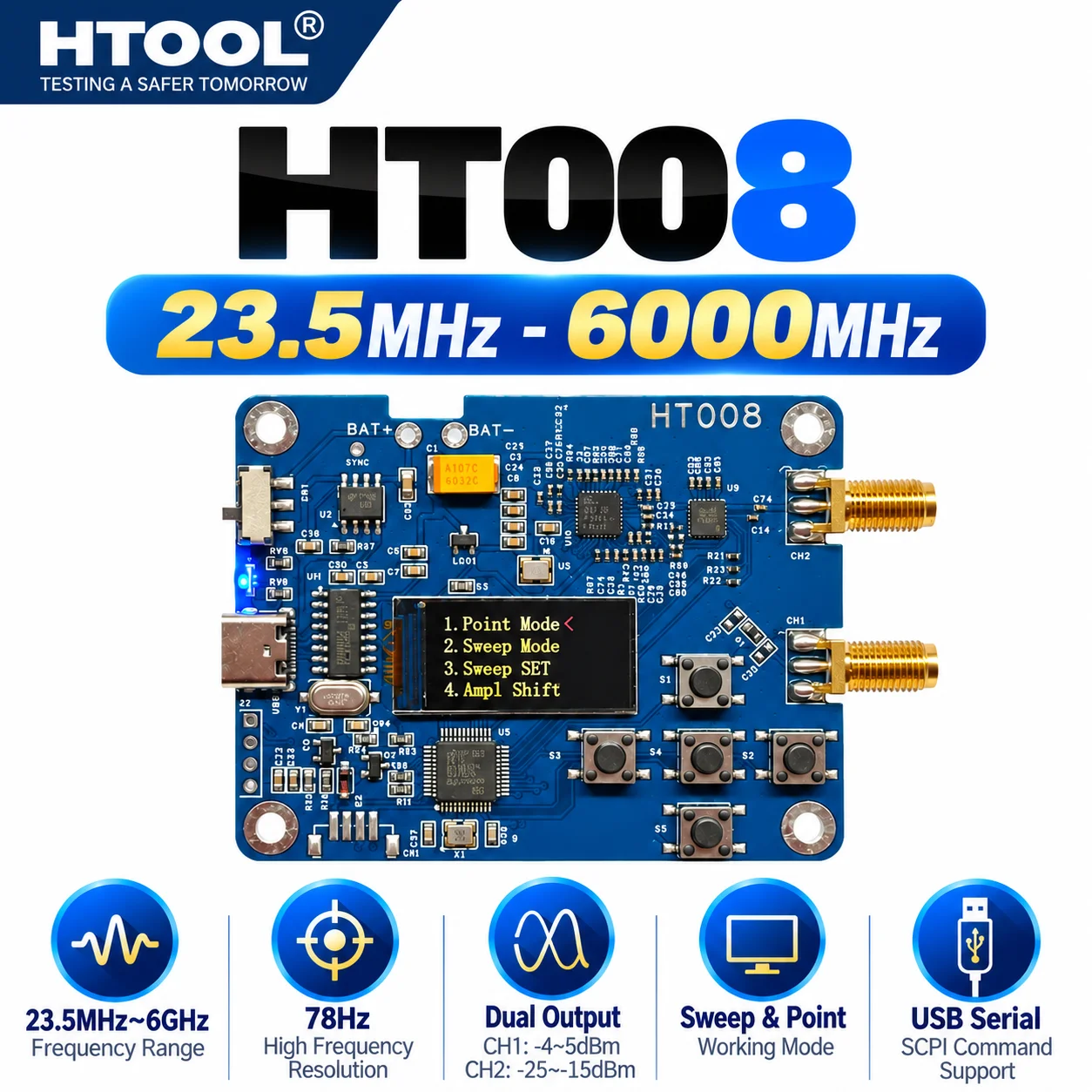 HTOOL HT008 23.5MHz-6GHz Dual-Channel RF Signal Generator, Sweep & Point Mode, USB SCPI Control, 78Hz Resolution