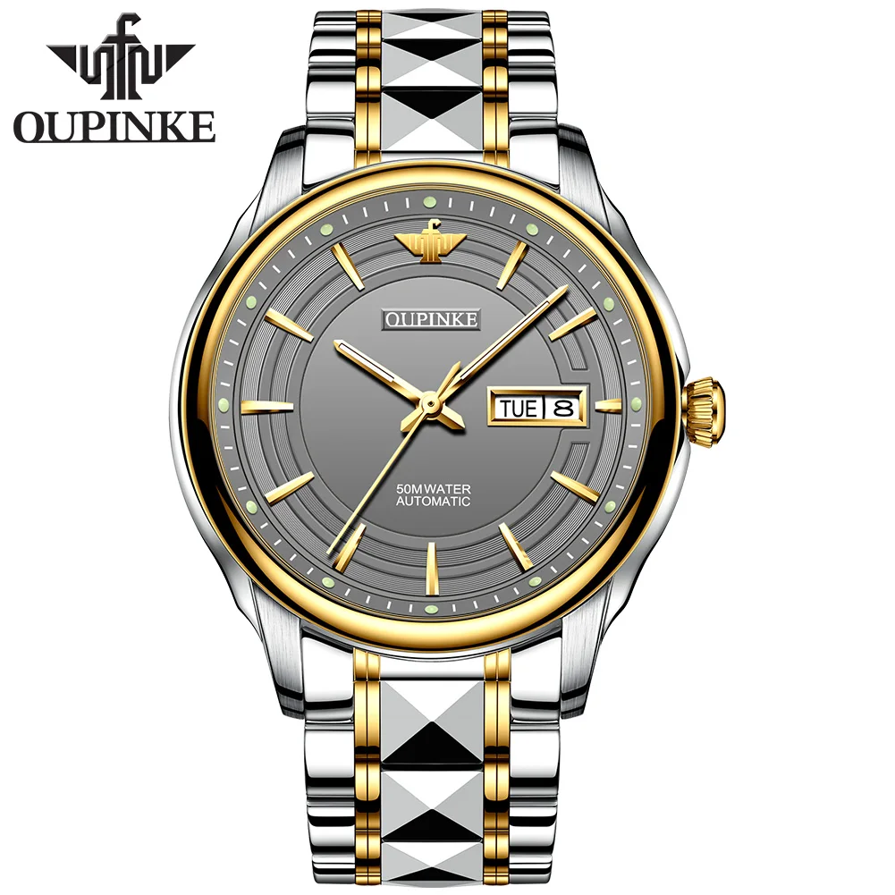 OUPINKE 3170 Fully Automatic Mechanical Watch Men Stainless steel Waterproof Night Light Dual Calendar Display Wristwatch Man