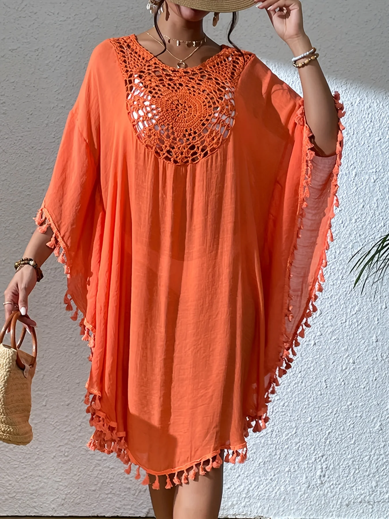 Long Sleeve Bohemian Chic Bikini Beach Cover Up Dress Bathing Suit Women Crew Neck, Semi-Sheer, Hollow Out, Pullover Style