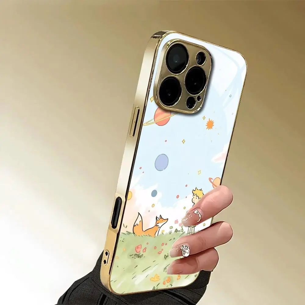 INS Mirror Rose Little Prince Phone Case For iphone 17 AIR 16 15 14 13 12 Pro Plus Max gold Electroplated glass Case view 5