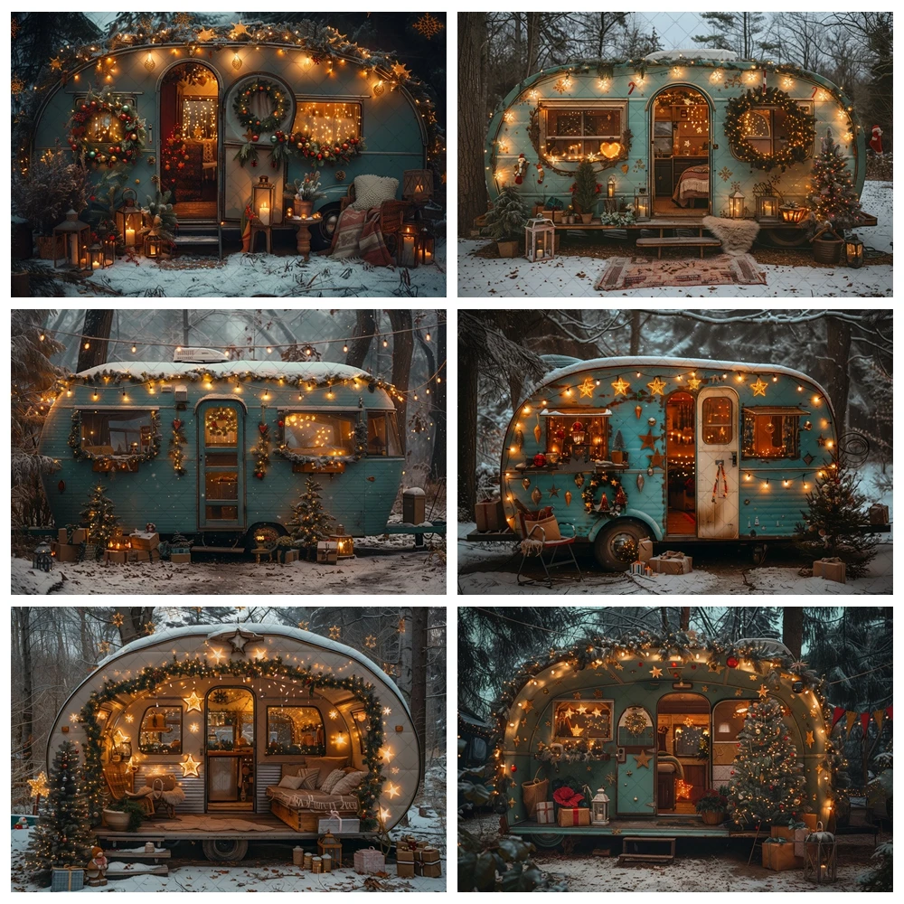 

Christmas Winter Camping Car Backdrop Giltter Lights Xmas Tree Snowfield Forest Travel Portrait Photography Background Decor