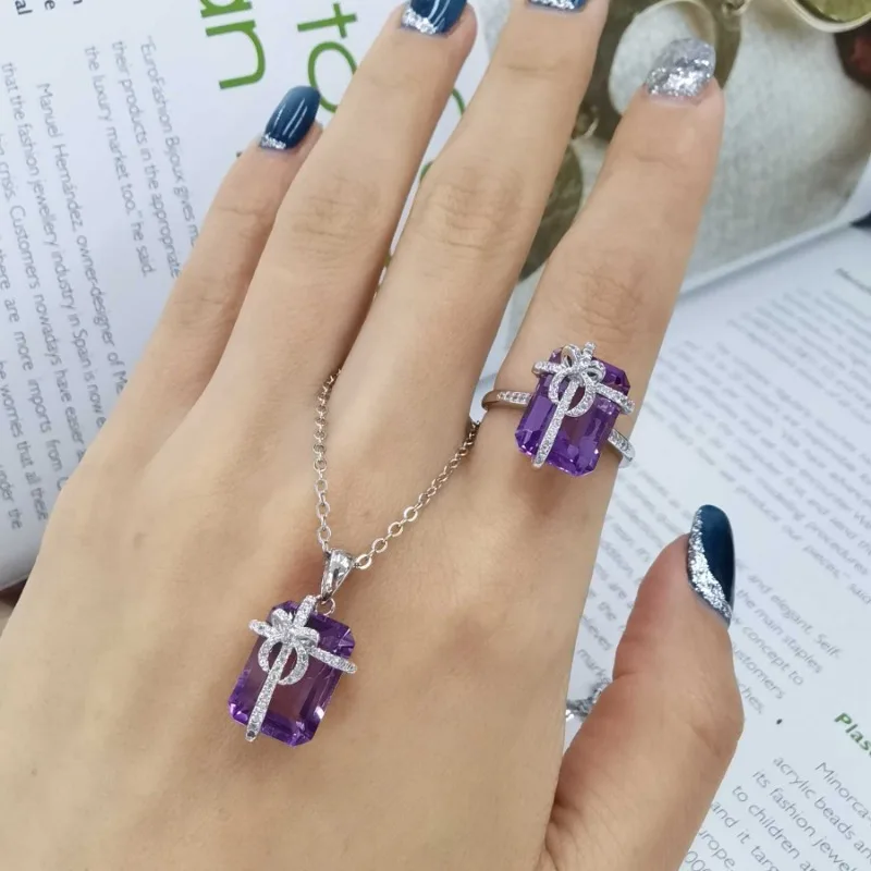 SACEGEMS Luxury 100% 925 Sterling Silver 10*14MM Natural Amethyst Crystal Rings Pendant Wedding Engagement Fine Jewelry Set Gift