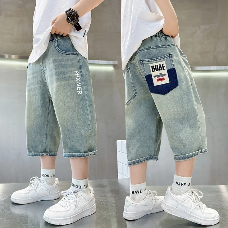 Kids Boys Denim Cropped Pants Summer Jeans Shorts Pants Embroidered Letter Korean Children'S Clothing Harem Pants For Boy 4-14y