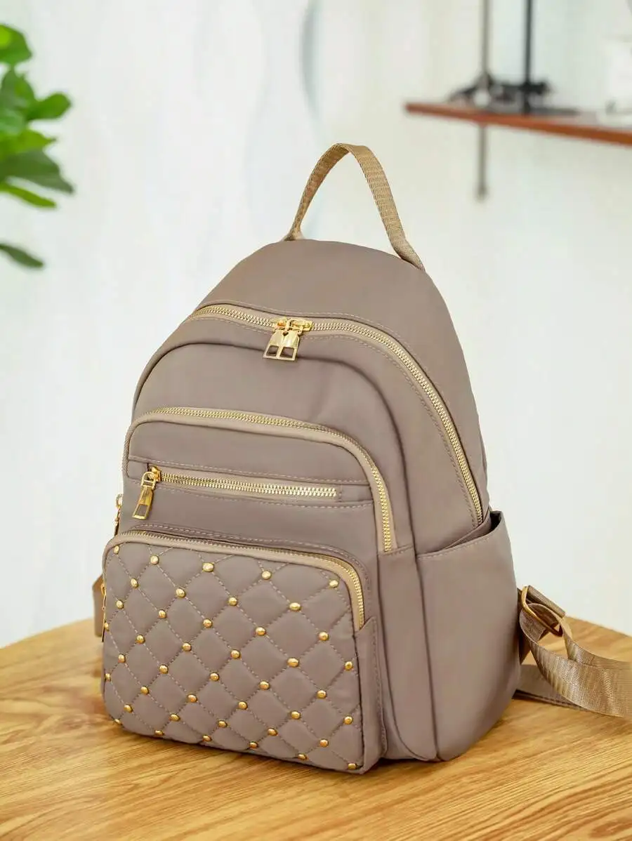 

Quilted Rivet Decorated Functional Backpack For Women, Casual Commuting Travel Daypack With Multiple Compartments