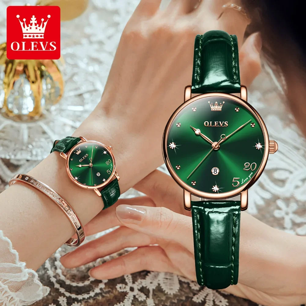 OLEVS Quartz Watch for Women Fashion Leather Strap Auto Calendar Dial Waterproof Elegant Ladies Wristwatch Bracelet Gift Box Set