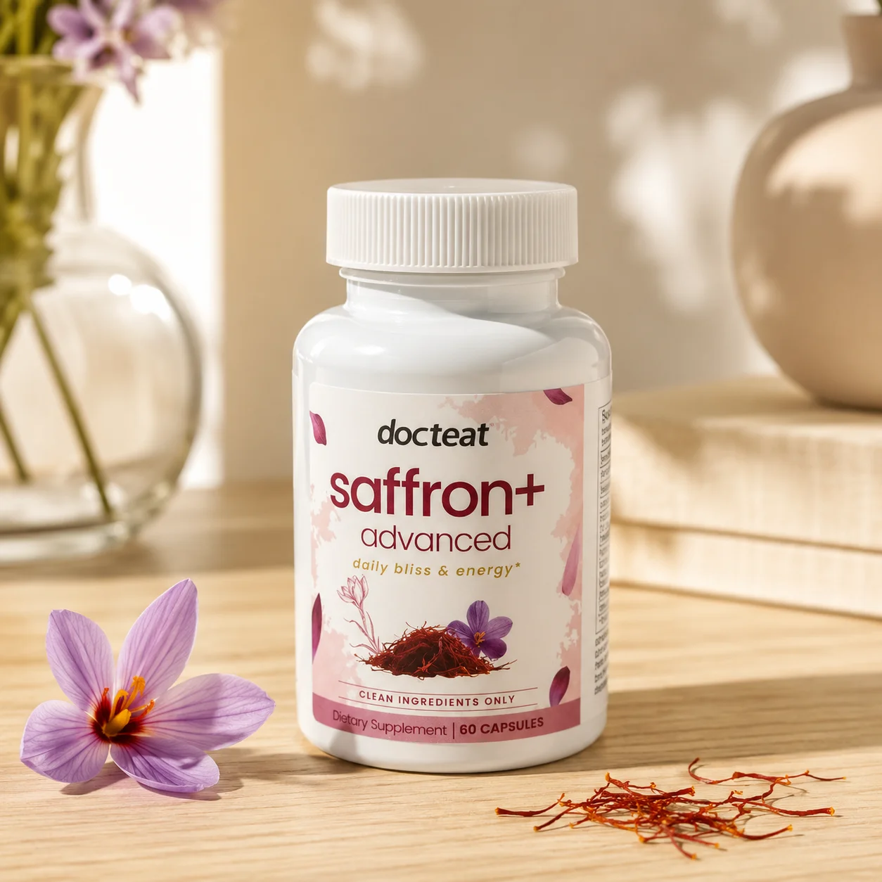 Docteat Saffron+ Advanced Capsules 60pcs Saffron Magnesium L-Theanine Ashwagandha Passionflower Mood Energy Calm Focus Support