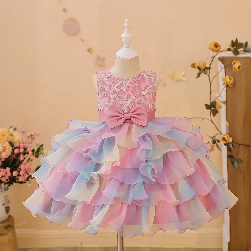 Girl Rainbow Princess Dress Tulle Layered Ruffles Flower Girls Wedding Gown Kids Birthday Party Pageant Prom Puffy Cake Dresses