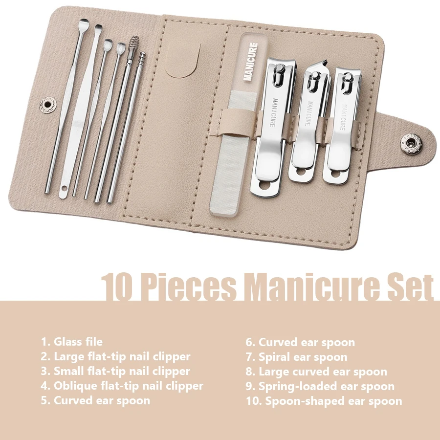 

10 шт., набор кусачек для ногтей из нержавеющей стали-набор для маникюра и педикюра с дорожным футляром, изогнутая ложка для ушей, инструменты для ухода за ногтями