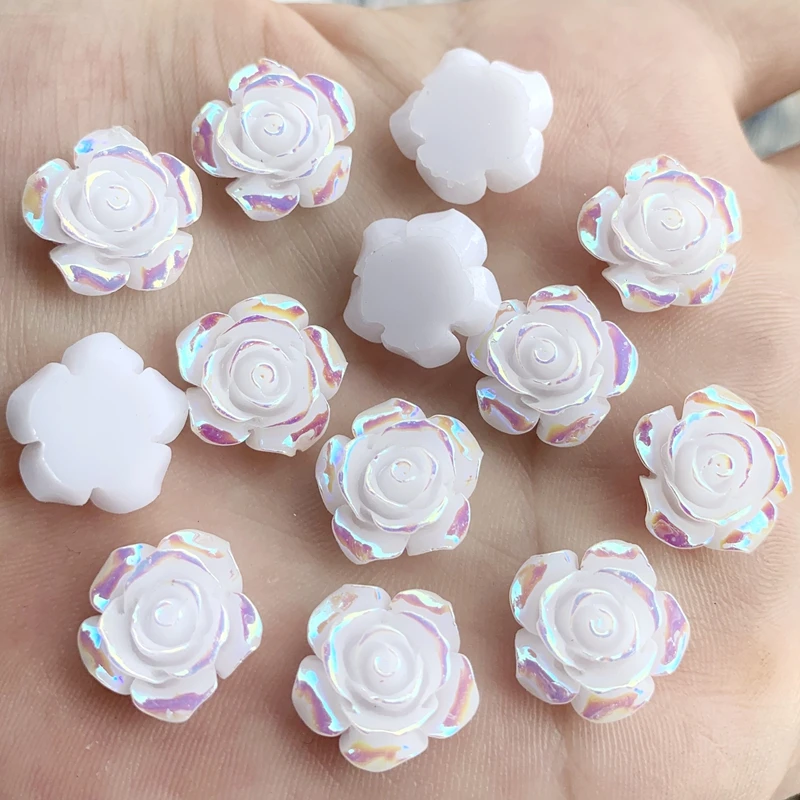 30pcs 15mm white AB resin flower Flat back Rhine wedding decoration craft scrapbook diy jewelry making accessories