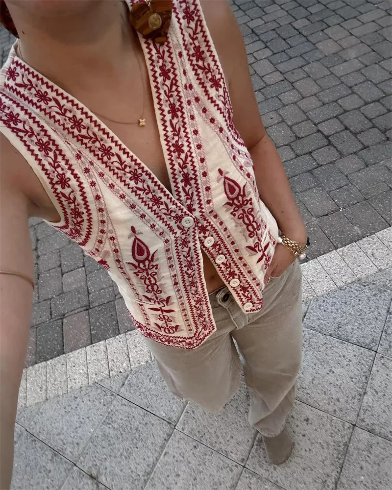 Keyanketian neue ethnische Stil Totem Stickerei Weste Leibchen V-Ausschnitt Knöpfe schlanke dünne ärmellose Crop Top Frauen Retro Weste