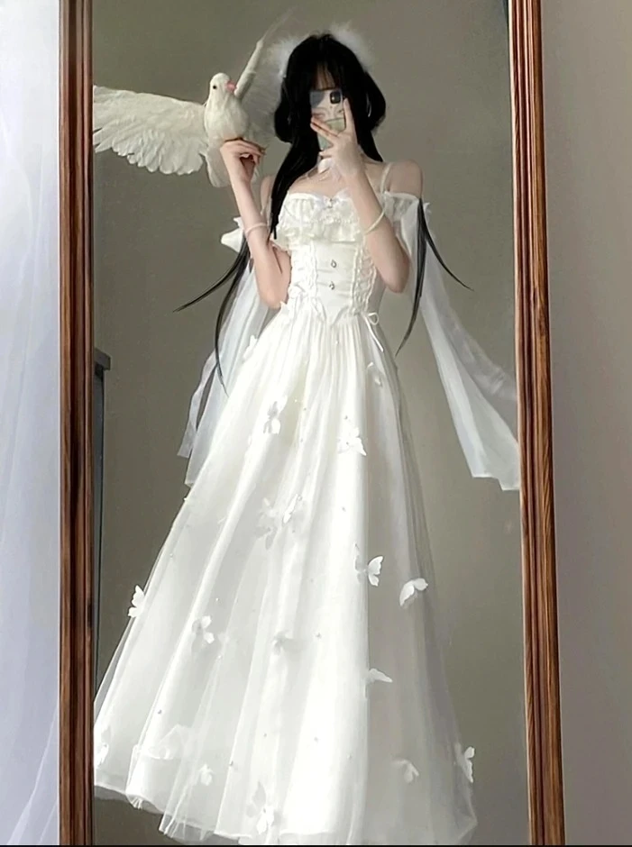 Elegant and Sweet Lady White Lolita Bow Off-shoulder Slimming Dress French Style White High Waist Princess Long Dresses 2025Hot
