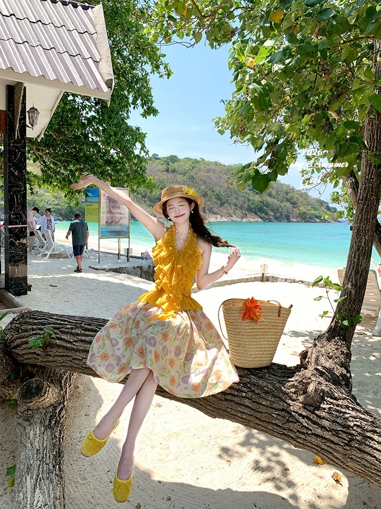 

Женская блузка Acaine желтого цвета с коротким рукавом, без бретелек, с кружевной отделкой, в повседневном стиле, летняя мода, из акрилового материала