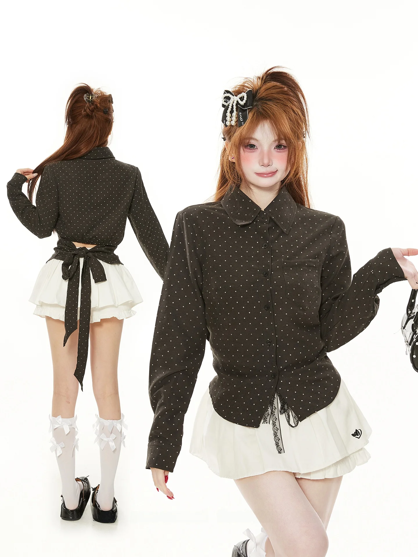 

Korean Sle Beautiful Belted irt Women Spring Autumn Sweet Polka Dot Slim Long Sve Top Exposing Waist Sli