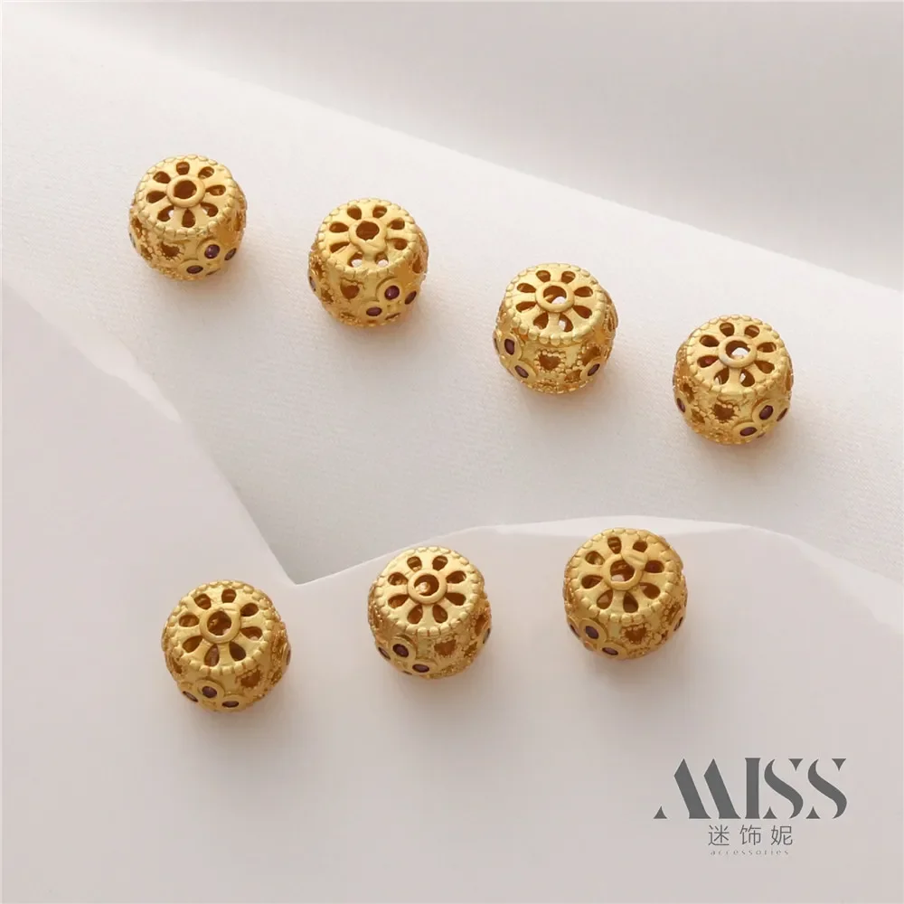Matte Gold Bag Gold Color 18K Hollow Pattern Retro Inlaid Zircon Drum Beads Spacer DIY Bracelet Necklace Jewelry Accessories