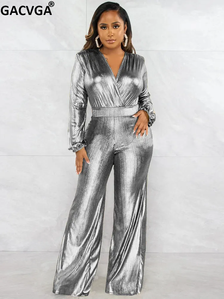 

GACVGA Sexy Women Jumpsuits V Neck Slim Plus Size Romper Club Party Long Sleeve Wide Leg One Piece Jumpsuit