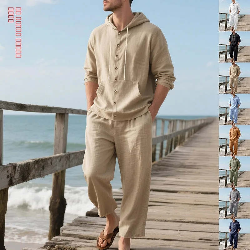 

Casual American Style Linen Men's Long Sleeve Hooded Shirt Loose Pants Beach Leisure Set Summer Cross-Border Spring Autumn