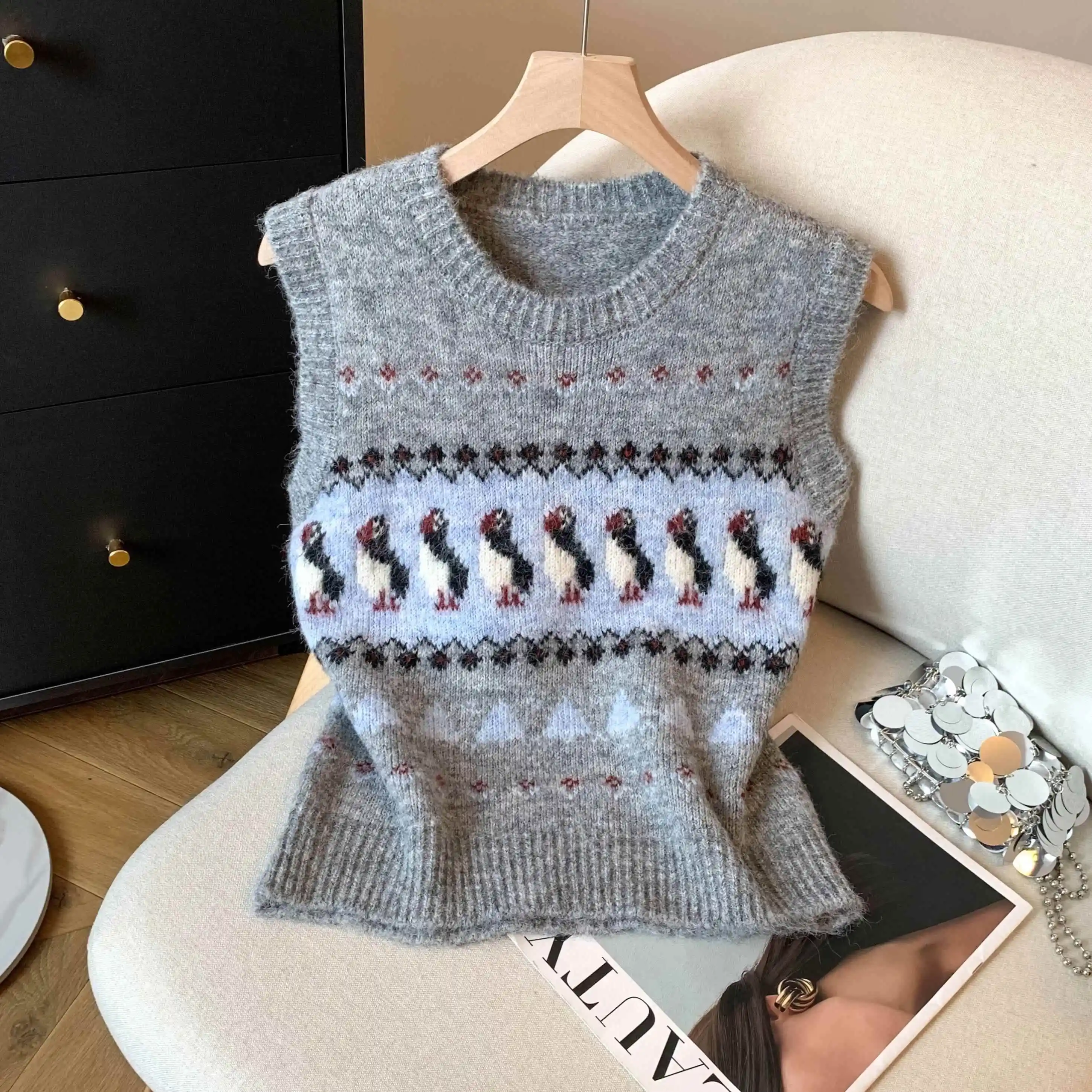 

Вязаный свитер в стиле ретро с рисунком пингвина, женский круглый жилет Ne, осенне-зимний многослойный мягкий хлопковый свитер для поездок на работу