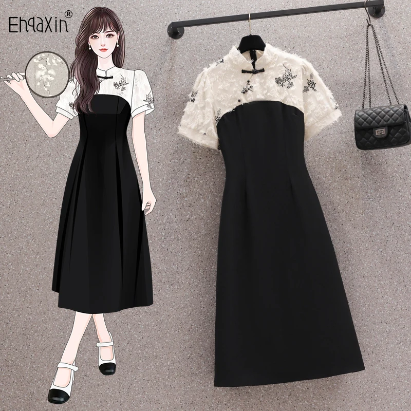 

EHQAXIN Women's Cheongsam Dress Fashion 2023 Summer Printing New Elegant Splice A-Line Short Sleeve Dresses For Ladies M-4XL
