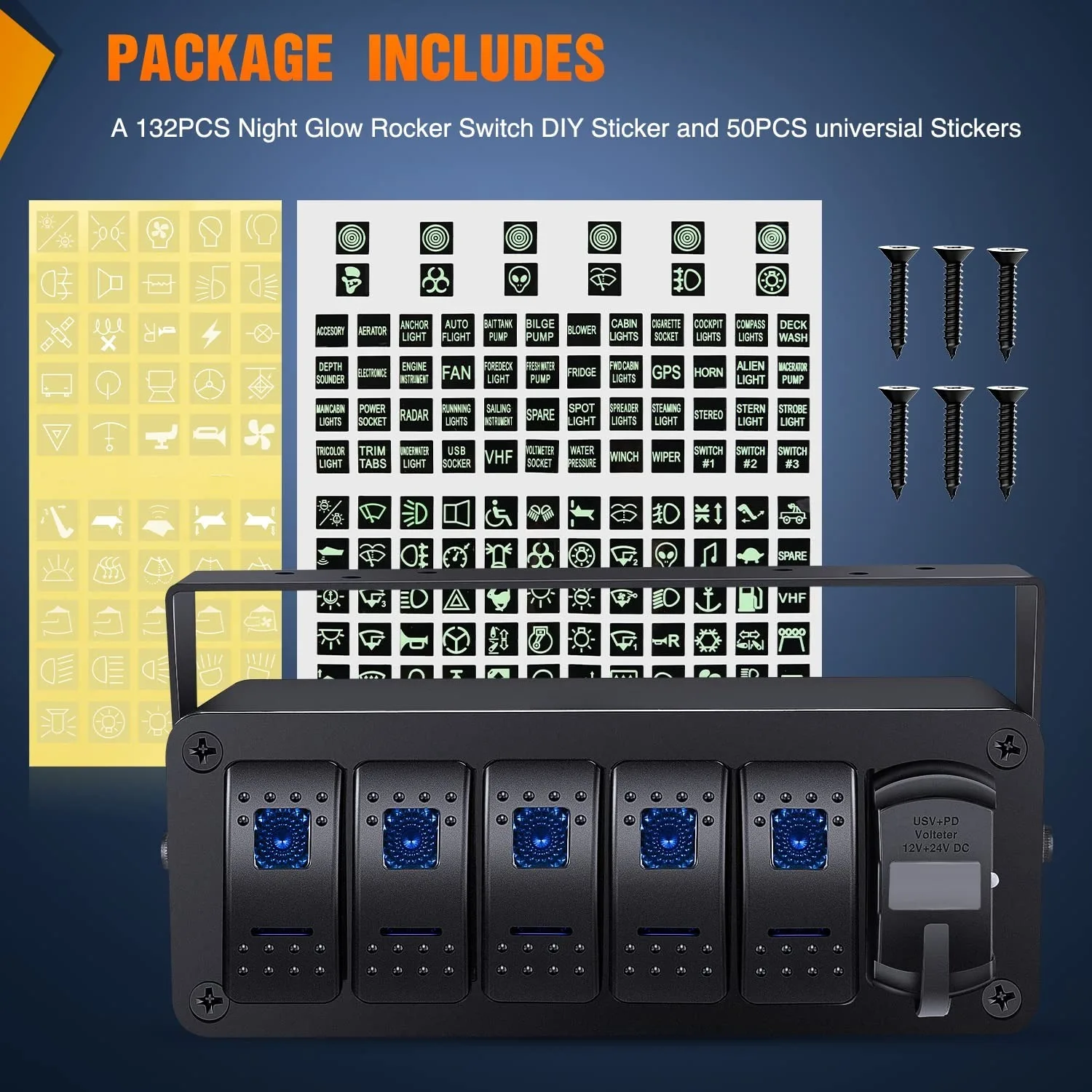 Waywe 5 Gang 12V SPST Rocker Switch Box - PD Type C/QC3.0 شاحن USB الفولتميتر لوحة ألومنيوم ملصقات صناعة يدوية للمركبات