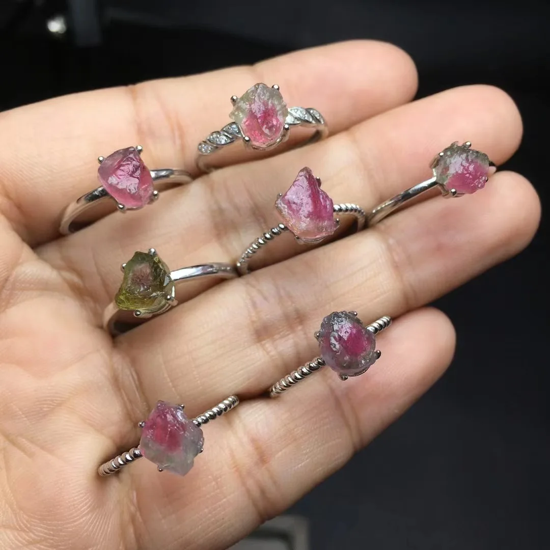 1 Pc Fengbaowu Natural Watermelon Tourmaline Ring 925 Sterling Silver Resizable Reiki Healing Stone Fashion Jewelry Gift Women