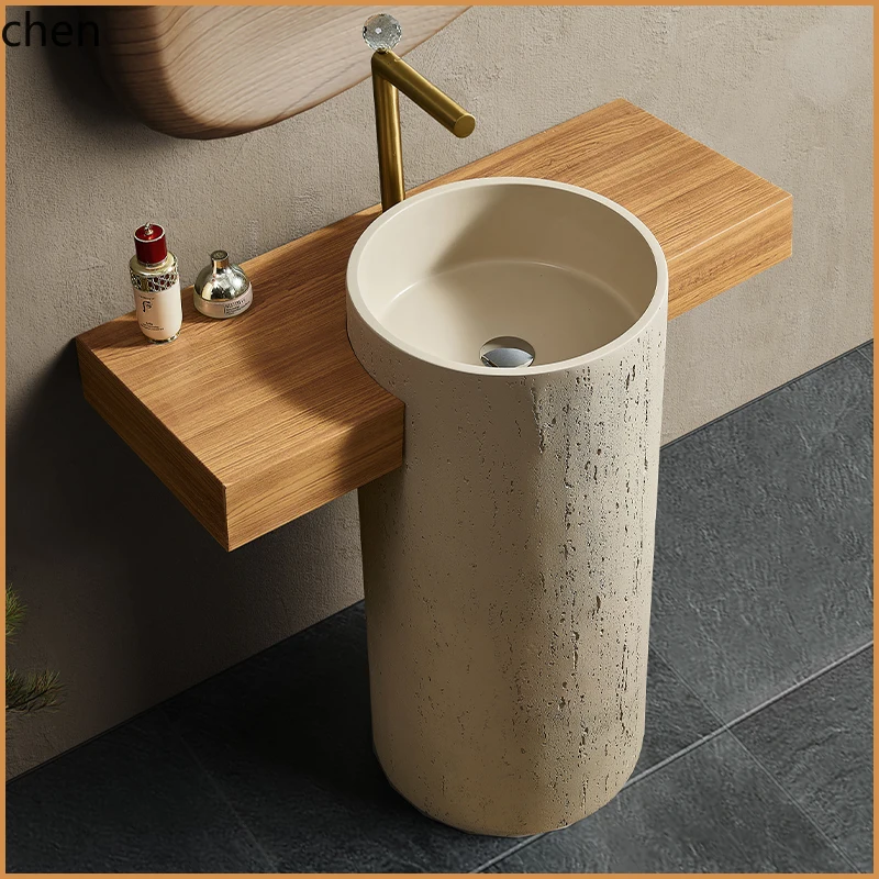 HT  Vintage Style Wabi-Sabi Style Stone Integrated Pedestal Basin Wash Basin for Home Outdoor Courtyard