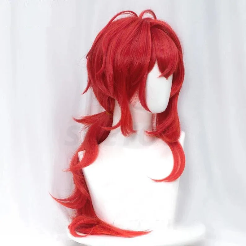 Diluc Wig Game Impact Cosplay Red Hair Long Curly Styled Heat Resistant for Adult Men Women Halloween Role Play Pillow Case