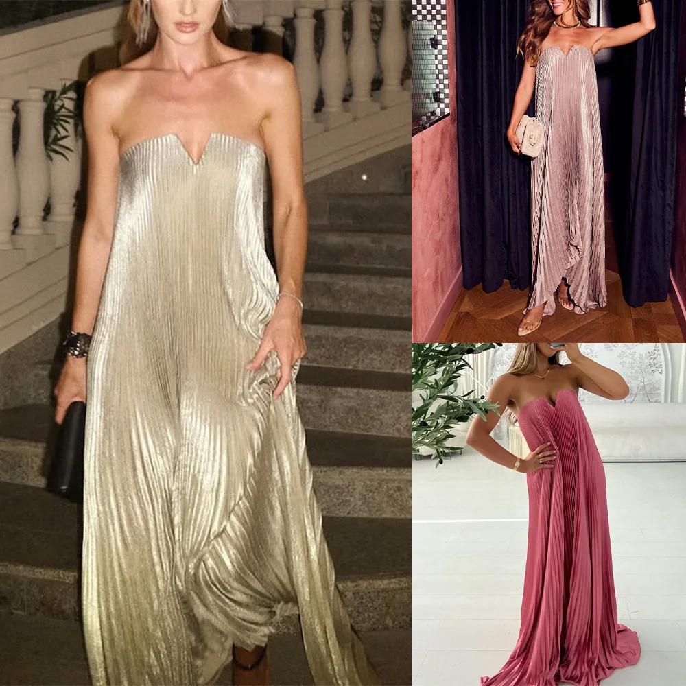 

2025 Tube Top Pleated Super Pendulum Dress Sexy Dress Pleated Skirt Women's European and American Women's Clothing
